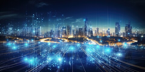 Digital city with high speed information and power grid. Digital community, smart society. DX, Iot, urban and rural nature areas digital network. digital society concept. - obrazy, fototapety, plakaty