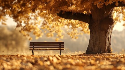 A solitary bench under a massive oak tree, its branches draped in golden leaves, providing a peaceful spot to enjoy the autumn scenery. - obrazy, fototapety, plakaty