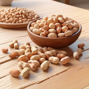 AI generative of realistic image of pistachios in a wooden bowl with some scattered on a wooden surface