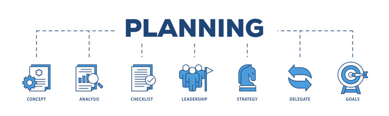 Planning icons process structure web banner illustration of concept, analysis, checklist, leadership, strategy, delegate and goals icon live stroke and easy to edit 