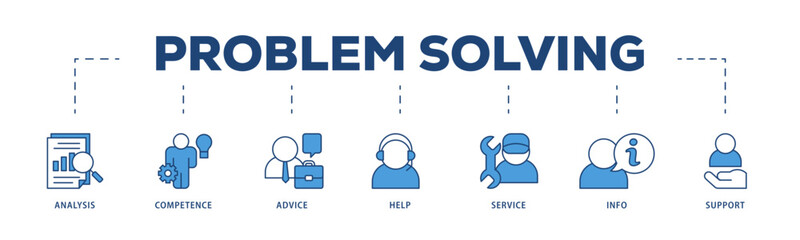 Problem solving icons process structure web banner illustration of analysis, critical thinking, creativity, emotional intelligence, research, team building  icon live stroke and easy to edit 