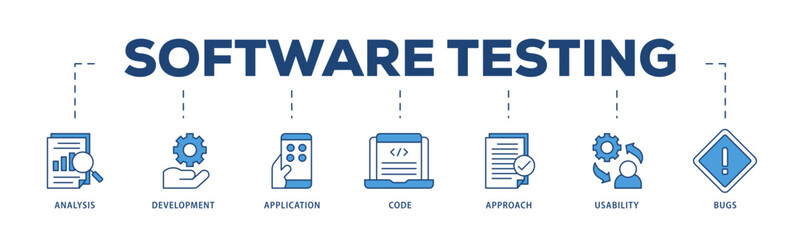 Software testing icons process structure web banner illustration of bugs, code, usability, approach, application, development, analysis icon live stroke and easy to edit 
