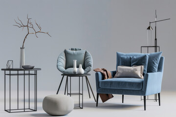 Contemporary seating arrangement featuring a stylish blue armchair and sleek coffee tables, set against a neutral grey backdrop, Generative AI
