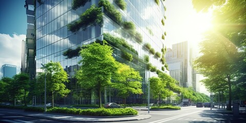 Eco-friendly building in the modern city. Sustainable glass office building with tree for reducing carbon dioxide. Office building with green environment.