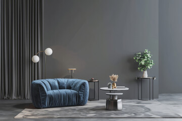 Sleek living room setup with a statement blue armchair and minimalist coffee tables, against a calming grey backdrop, Generative AI