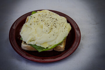 Mashed potatoes on toast isolated with copy space