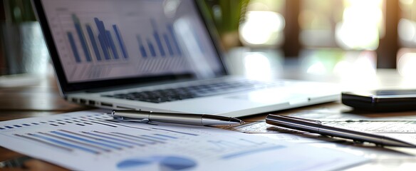 a desk is full of business calculating chart with pens and a laptop computer. generative AI