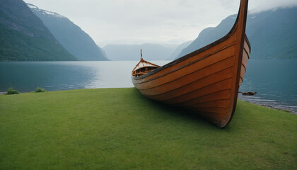 A boat on the shore of a picturesque fjord