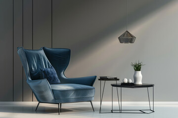 Modern lounge area adorned with a chic blue armchair and sleek coffee tables, set against a neutral grey background, Generative AI