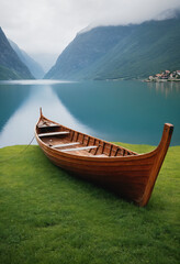 A boat on the shore of a picturesque fjord