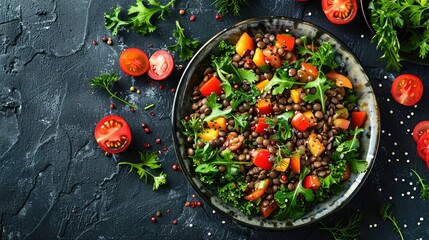 Green salad for vegetarians with lentils and vegetables. Generative Ai - obrazy, fototapety, plakaty