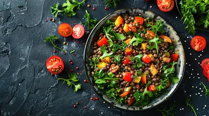 Fotobehang Green salad for vegetarians with lentils and vegetables. Generative Ai © Concept Killer