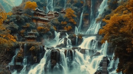 A stunning scene of cascading streams carving through mountain landscapes, adorned by charming villages, and complemented by the graceful flight of exotic birds.