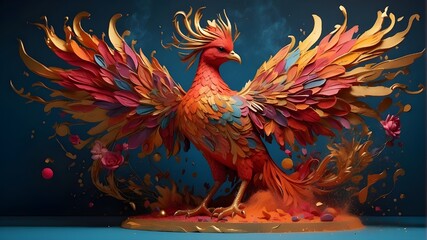 A creative and visually descriptive prompt, featuring a regal phoenix composed entirely of vibrant, exploding dust. This piece is inspired by the works of Sarah Dubuis, with a subtle yet striking pale