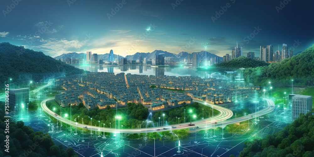 Poster sprawling green community with digital smart city infrastructure and rapid data network. digital cit