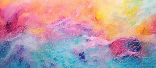 Multicolored threads in shades of blue, pink, and yellow are woven together on a patterned background, forming an abstract and vibrant painting.