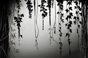 Black and white textured background depicting hanging branches with leaves, vines in the background, black and white in the foreground, color wallpaper, photo wallpaper Generative AI