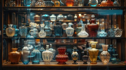 An assortment of items are placed in a display case in a shop. Generative Ai