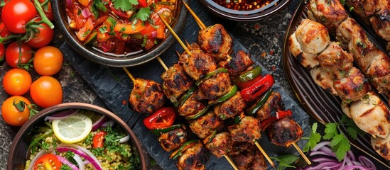 Various types of food skewers, including kababs and tikka, are displayed on a table. The skewers...