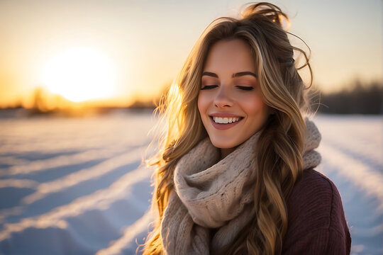 A serene, joyous woman with closed eyes basks in a beautiful winter moment, backlit by the setting or rising sun amid snowy fields.