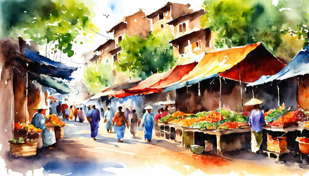Watercolor Market Street Scene
