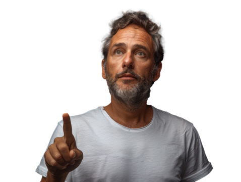 The man points up with his finger pointing at something