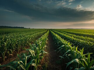 Fototapeta premium agricultural field with green corn plants and blue sky at sunset