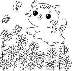 The cat is playing happily in the flower garden coloring page.