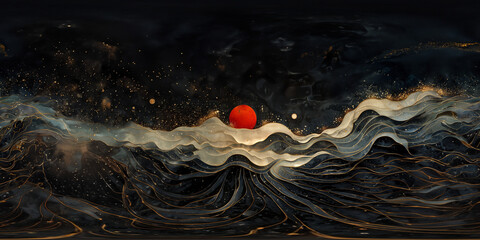 Origami art style Sunset beyond the waves 8K VR 360 Spherical Panorama - obrazy, fototapety, plakaty