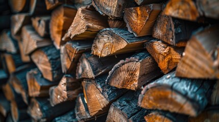 A rustic pile of seasoned firewood logs that are prepared for wooden. Generative Ai