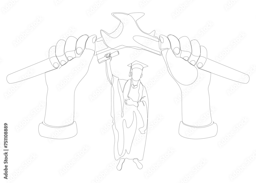 Poster one continuous line of student with diploma, mortarboard and wrench. thin line illustration vector c