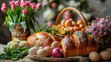 Obraz na płótnie Canvas Easter food basket tradition for church blessing. Generative Ai