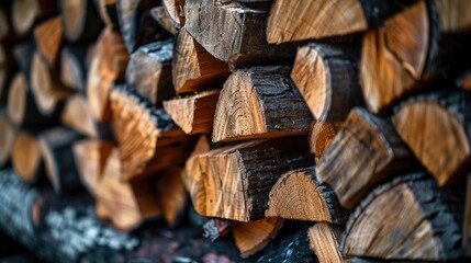 A rustic pile of seasoned firewood logs that are prepared for wooden. Generative Ai