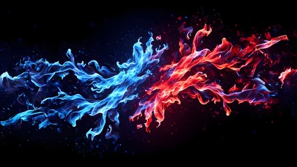 Poster blue and red fire on clear black background, cold and hot flames and sparks background © Borneo