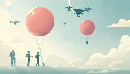 Cartoon-style Meteorologists Launching Weather Balloons
