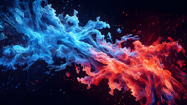 blue and red fire on clear black background, cold and hot flames and sparks background