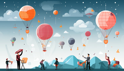 Cartoon-style Meteorologists Launching Weather Balloons
