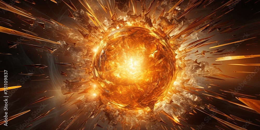 Poster intense abstract representation of an explosive burst centered around a bright orange sphere