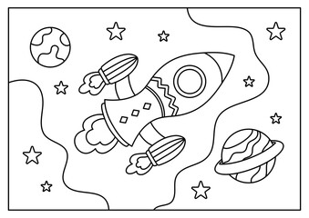 rocket in space cartoon coloring page for kid