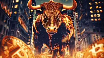 Powerful Bull in Urban Setting Illustrating Stock Market Growth
