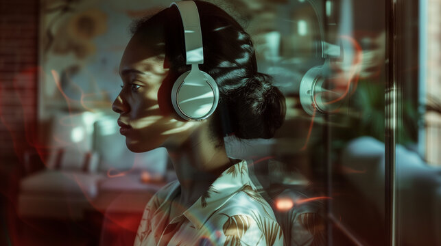 African American woman experiencing music emotional contagion with headphones in the living room.