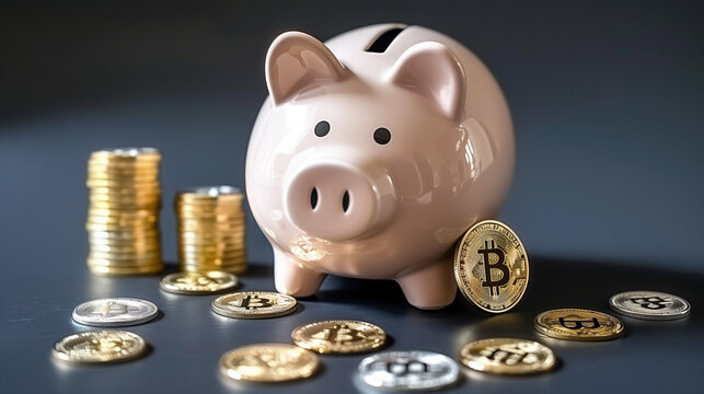 Cryptocurrency savings concept with piggy bank and coins