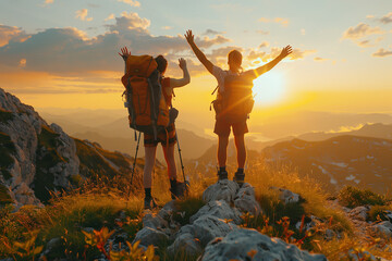 Two hikers celebrating at the top of a hike  - obrazy, fototapety, plakaty