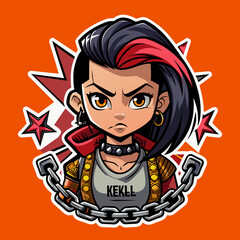 Tshirt sticker of a Rebel Cause Craft a rebellious depicting a girl flaunting a rebellious attitude in a tee adorned with rebellious motifs like graffiti, chains, and barbed wire, sending a message.