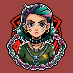 Tshirt sticker of a Rebel Cause Craft a rebellious depicting a girl flaunting a rebellious attitude in a tee adorned with rebellious motifs like graffiti, chains, and barbed wire, sending a message.