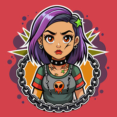 Tshirt sticker of a Rebel Cause Craft a rebellious depicting a girl flaunting a rebellious attitude in a tee adorned with rebellious motifs like graffiti, chains, and barbed wire, sending a message.