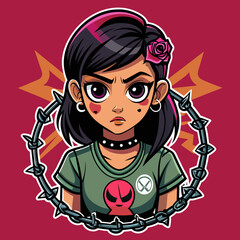 Tshirt sticker of a Rebel Cause Craft a rebellious depicting a girl flaunting a rebellious attitude in a tee adorned with rebellious motifs like graffiti, chains, and barbed wire, sending a message.