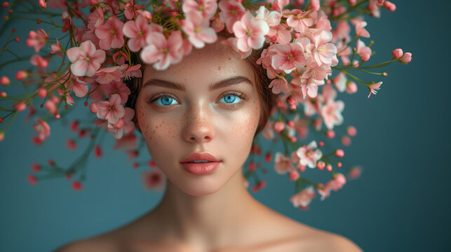 Natural beauty beautiful woman with a wreath on her head and a bouquet of cherry branches in the studio enjoying the blooming spring nature