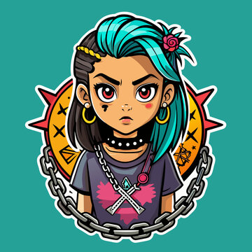 Tshirt sticker of a Rebel Cause Craft a rebellious depicting a girl flaunting a rebellious attitude in a tee adorned with rebellious motifs like graffiti, chains, and barbed wire, sending a message.