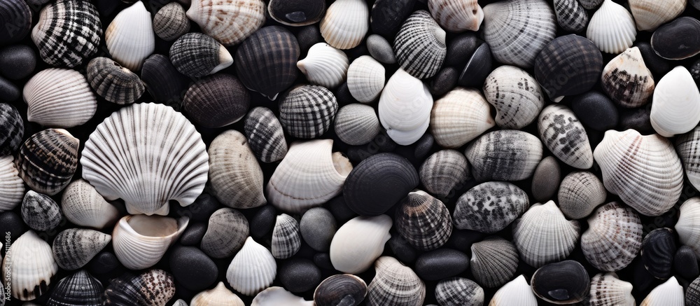Poster a collection of seashells scattered on the ground, creating a textured composition in black and whit